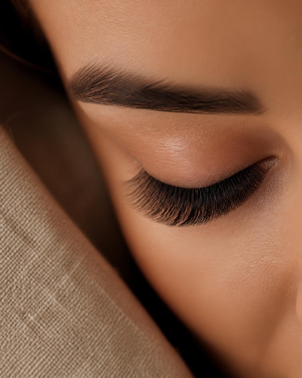 Close nos olhos de uma cliente com extensão de cílios recém-aplicada